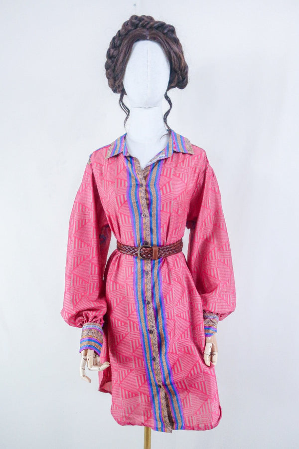 Bonnie Shirt Dress - Candy Pink - Vintage Indian Sari - Free Size L/XL By All About Audrey