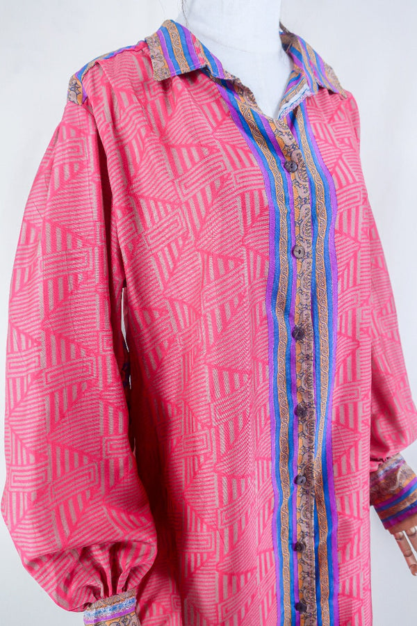 Bonnie Shirt Dress - Candy Pink - Vintage Indian Sari - Free Size L/XL By All About Audrey