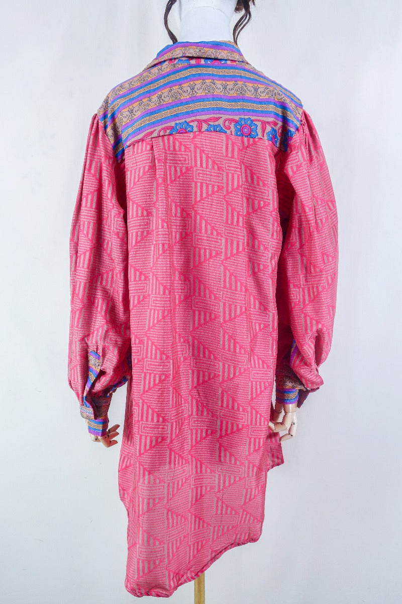 Bonnie Shirt Dress - Candy Pink - Vintage Indian Sari - Free Size L/XL By All About Audrey