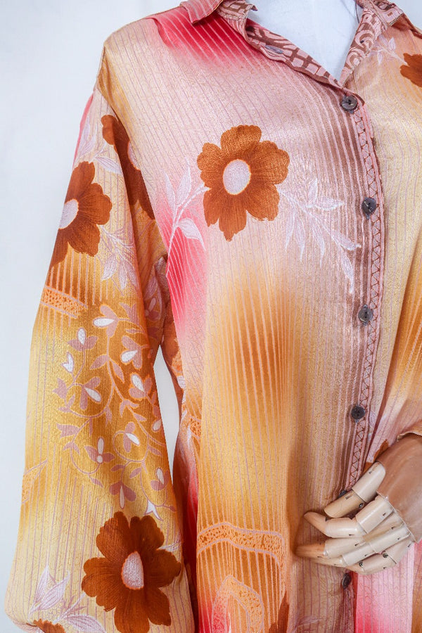 Bonnie Shirt Dress - Saffron & Blush Flowers - Vintage Indian Sari - Free Size M/L By All About Audrey