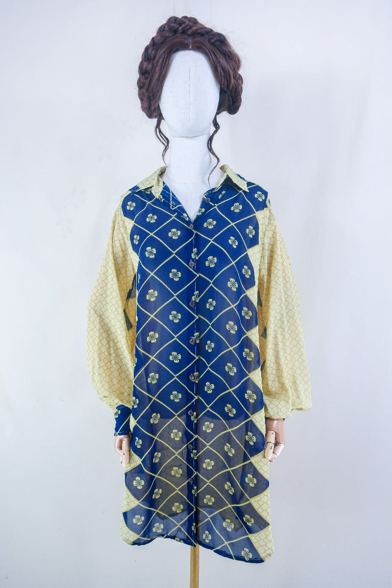 Bonnie Shirt Dress - Indigo & Cream Daisies - Vintage Indian Sari - Free Size M/L By All About Audrey