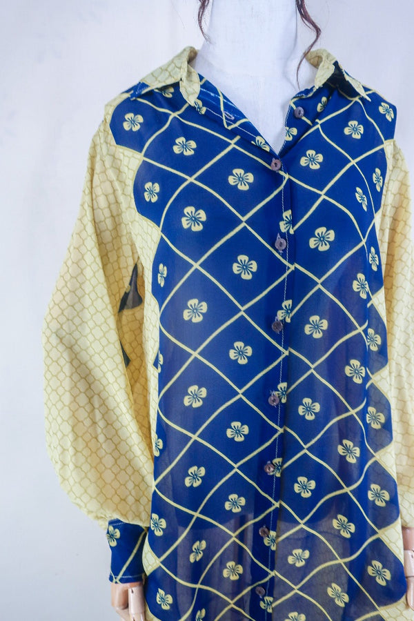 Bonnie Shirt Dress - Indigo & Cream Daisies - Vintage Indian Sari - Free Size M/L By All About Audrey