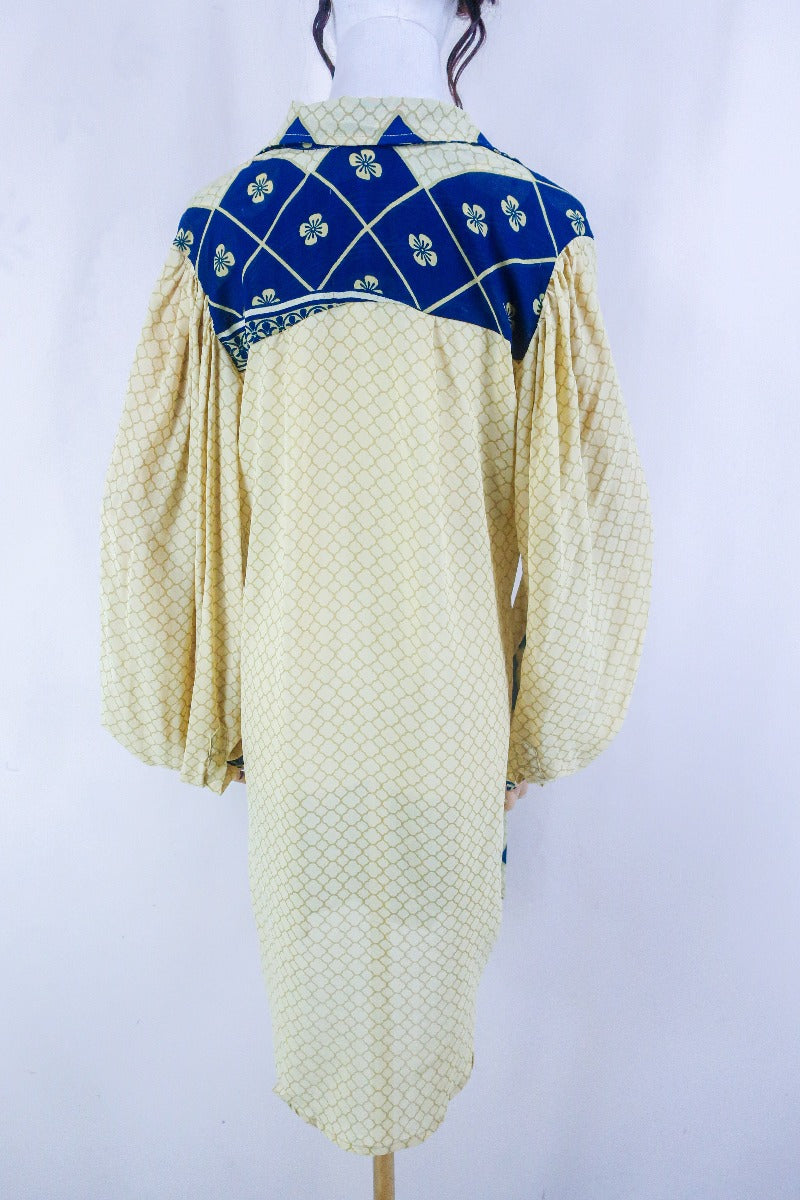 Bonnie Shirt Dress - Indigo & Cream Daisies - Vintage Indian Sari - Free Size M/L By All About Audrey