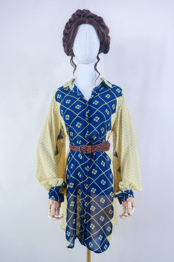 Bonnie Shirt Dress - Indigo & Cream Daisies - Vintage Indian Sari - Free Size M/L By All About Audrey