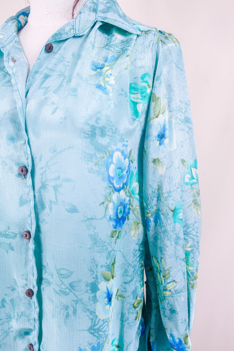 Bonnie Shirt Dress - Powdered Blue Floral - Vintage Indian Sari - Free Size S/M by all about audrey