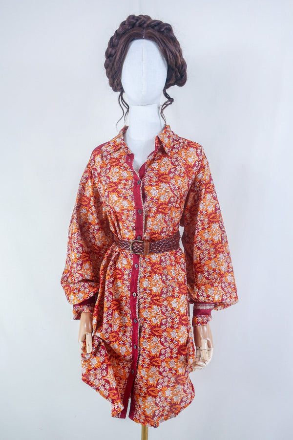 Bonnie Shirt Dress - Burgundy & Amber Wildflower - Vintage Indian Sari - Free Size L/XL By All About Audrey