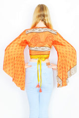 Gemini Wrap Top - Vintage Indian Sari - Bright & Tiger Orange Contrast Floral - Size S/M