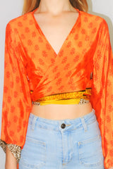 Gemini Wrap Top - Vintage Indian Sari - Bright & Tiger Orange Contrast Floral - Size S/M