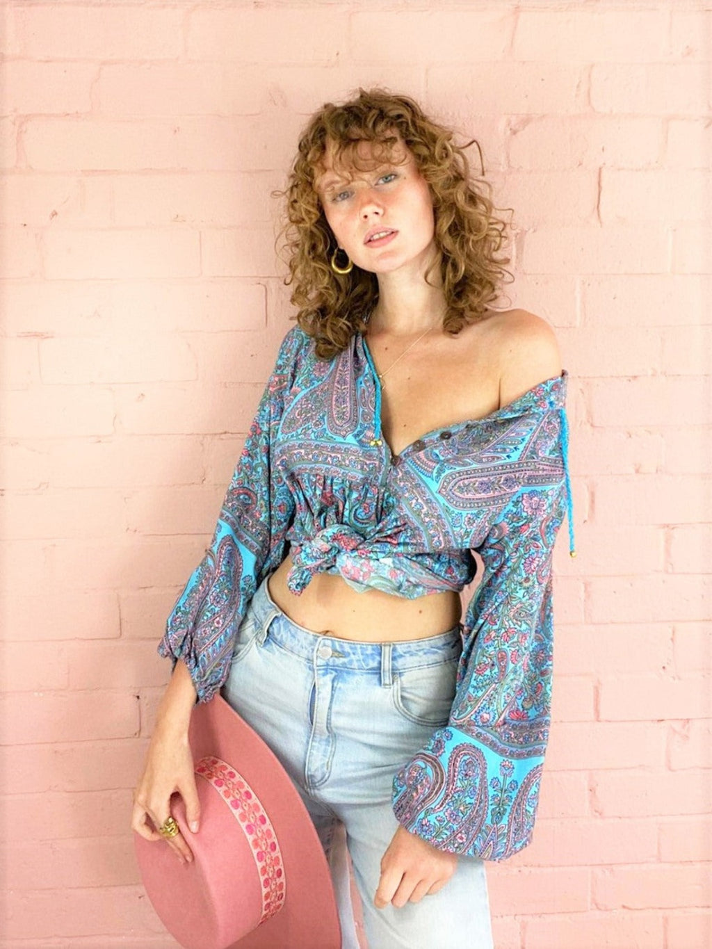 Florence Smock Top in Powder Blue & Peach Paisley Floral