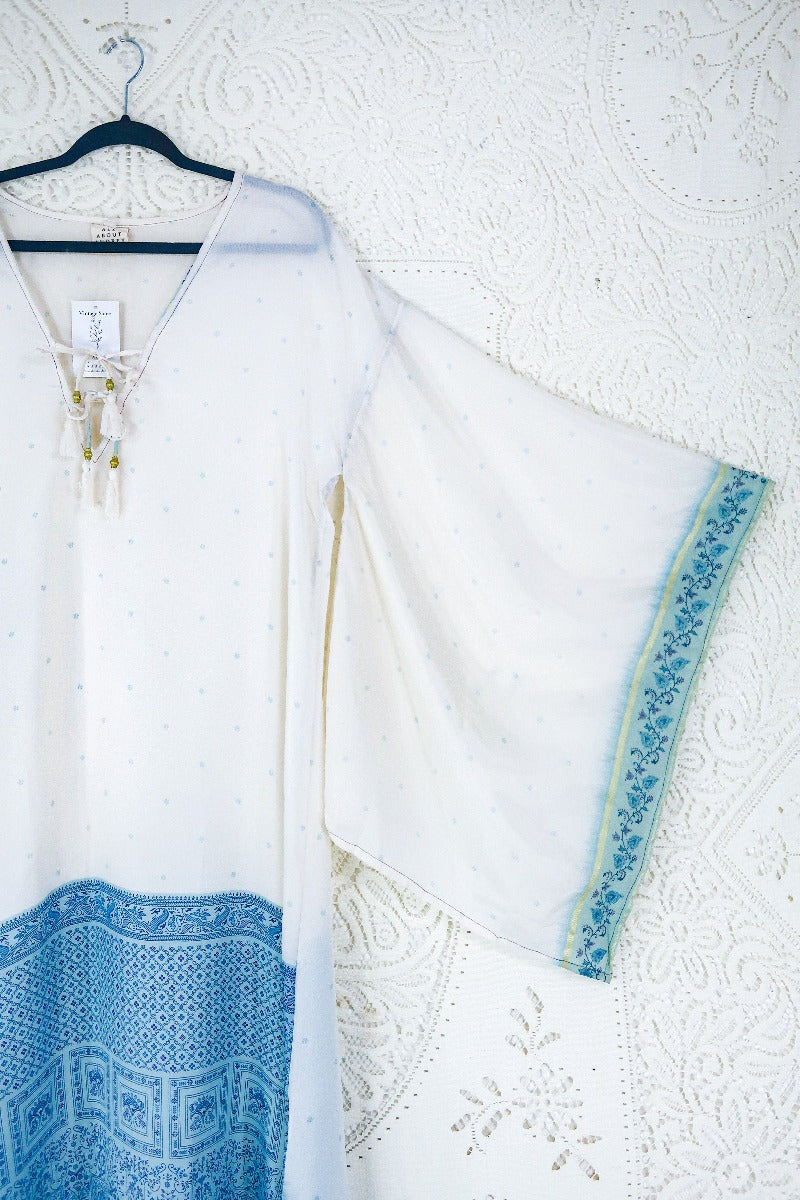 Cassandra Maxi Kaftan -Snowflake Angel in Powder Blue and Crème - Vintage Sari - Size L/XL. By All About Audrey.