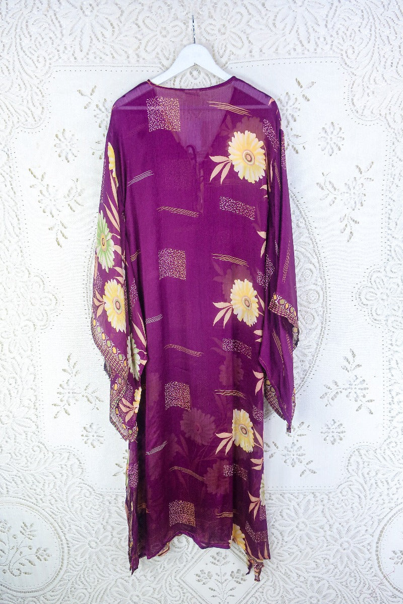 Cassandra Maxi Kaftan - Plum Purple & Bright Bloom Floral - Vintage Sari - Size S/M By All About Audrey