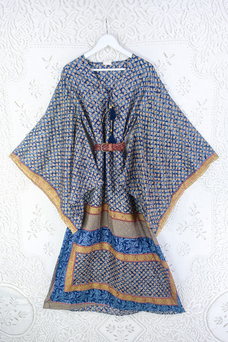 Cassandra Maxi Kaftan - Indigo Blue & Gold Mosaic - Vintage Sari - Size S By All About Audrey
