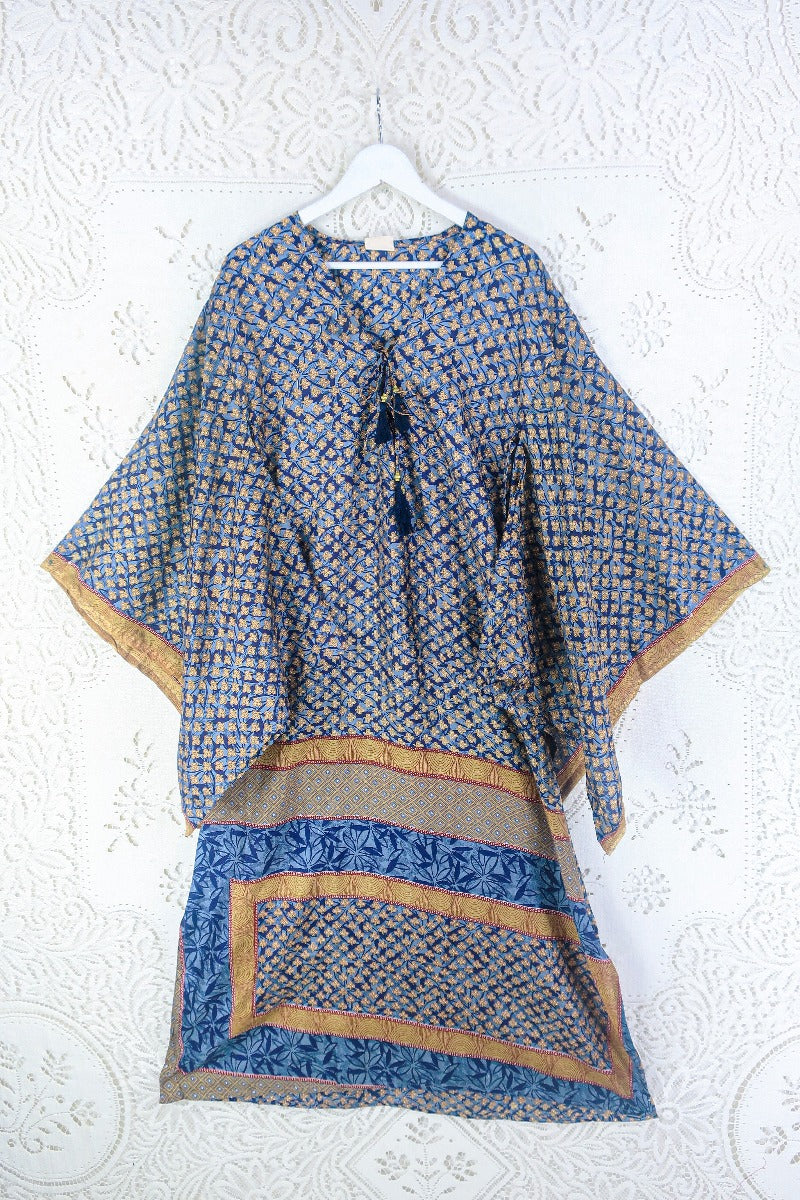 Cassandra Maxi Kaftan - Indigo Blue & Gold Mosaic - Vintage Sari - Size S By All About Audrey