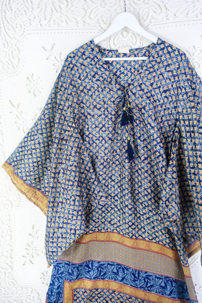 Cassandra Maxi Kaftan - Indigo Blue & Gold Mosaic - Vintage Sari - Size S By All About Audrey