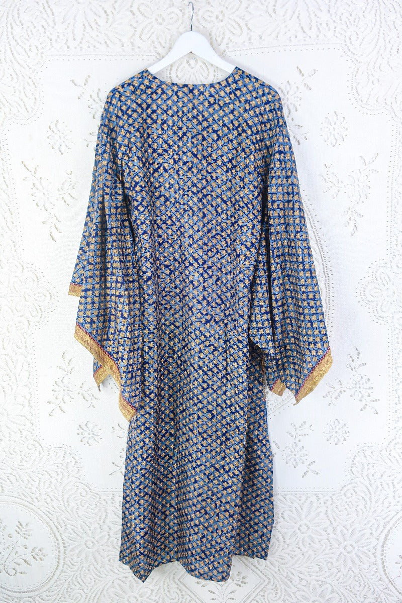 Cassandra Maxi Kaftan - Indigo Blue & Gold Mosaic - Vintage Sari - Size S By All About Audrey