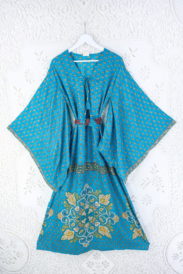 Cassandra Maxi Kaftan - Bright Teal & Olive Flower Motif - Vintage Sari - Size S/M By All About Audrey