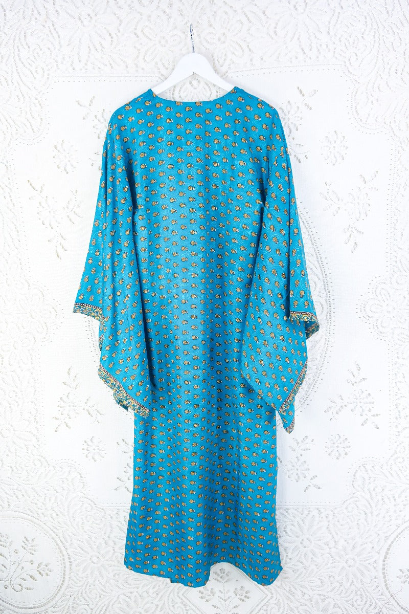 Cassandra Maxi Kaftan - Bright Teal & Olive Flower Motif - Vintage Sari - Size S/M By All About Audrey