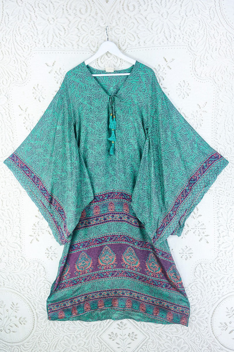 Cassandra Maxi Kaftan - Jade, Coral & Mauve Tile Print - Vintage Sari - Size S/M By All About Audrey