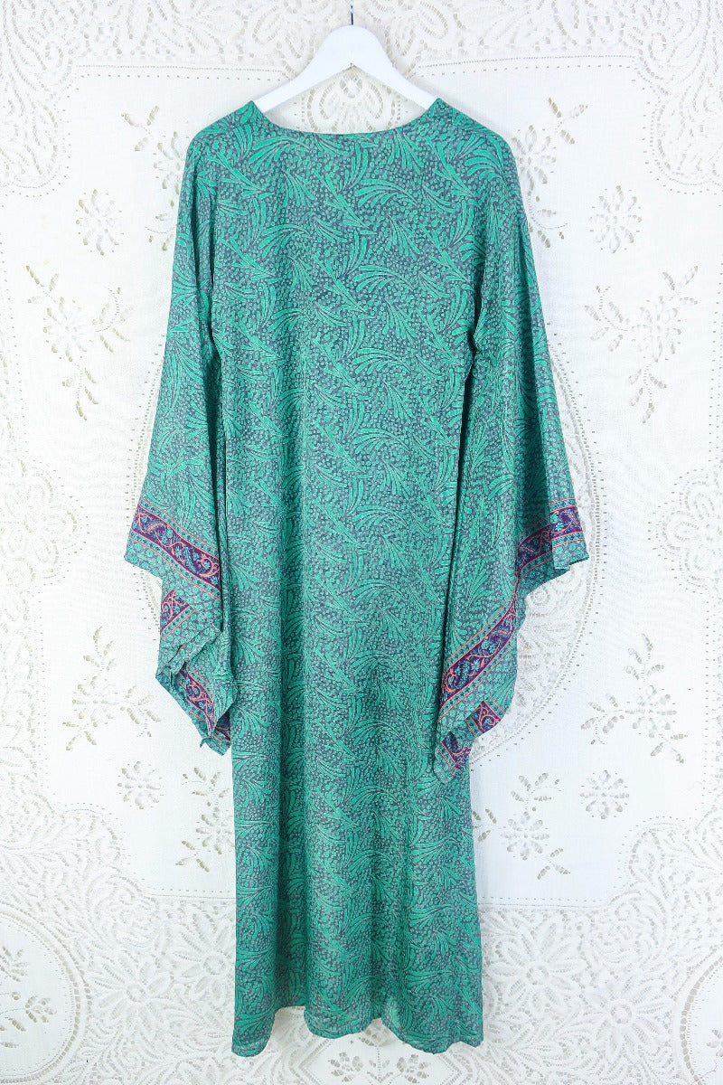 Cassandra Maxi Kaftan - Jade, Coral & Mauve Tile Print - Vintage Sari - Size S/M By All About Audrey