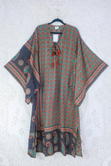 Cassandra Maxi Kaftan - Terracotta, Taupe & Turquoise Tile Print - Vintage Sari - Size S/M By All About Audrey