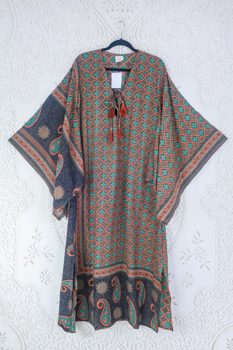 Cassandra Maxi Kaftan - Terracotta, Taupe & Turquoise Tile Print - Vintage Sari - Size S/M By All About Audrey