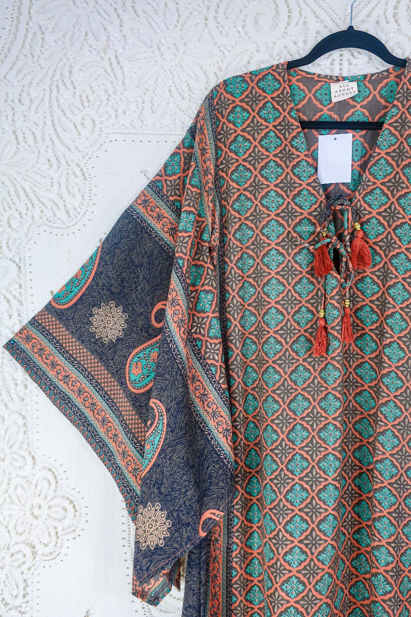 Cassandra Maxi Kaftan - Terracotta, Taupe & Turquoise Tile Print - Vintage Sari - Size S/M By All About Audrey