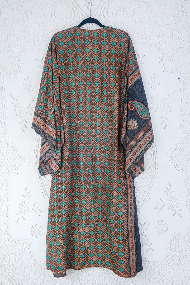 Cassandra Maxi Kaftan - Terracotta, Taupe & Turquoise Tile Print - Vintage Sari - Size S/M By All About Audrey