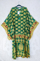 Cassandra Maxi Kaftan - Forest Green & Gold Buddha Motif - Vintage Sari - Size S/M By All About Audrey