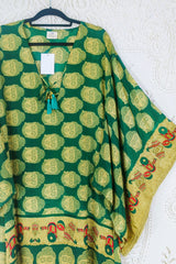 Cassandra Maxi Kaftan - Forest Green & Gold Buddha Motif - Vintage Sari - Size S/M By All About Audrey