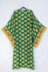 Cassandra Maxi Kaftan - Forest Green & Gold Buddha Motif - Vintage Sari - Size S/M By All About Audrey