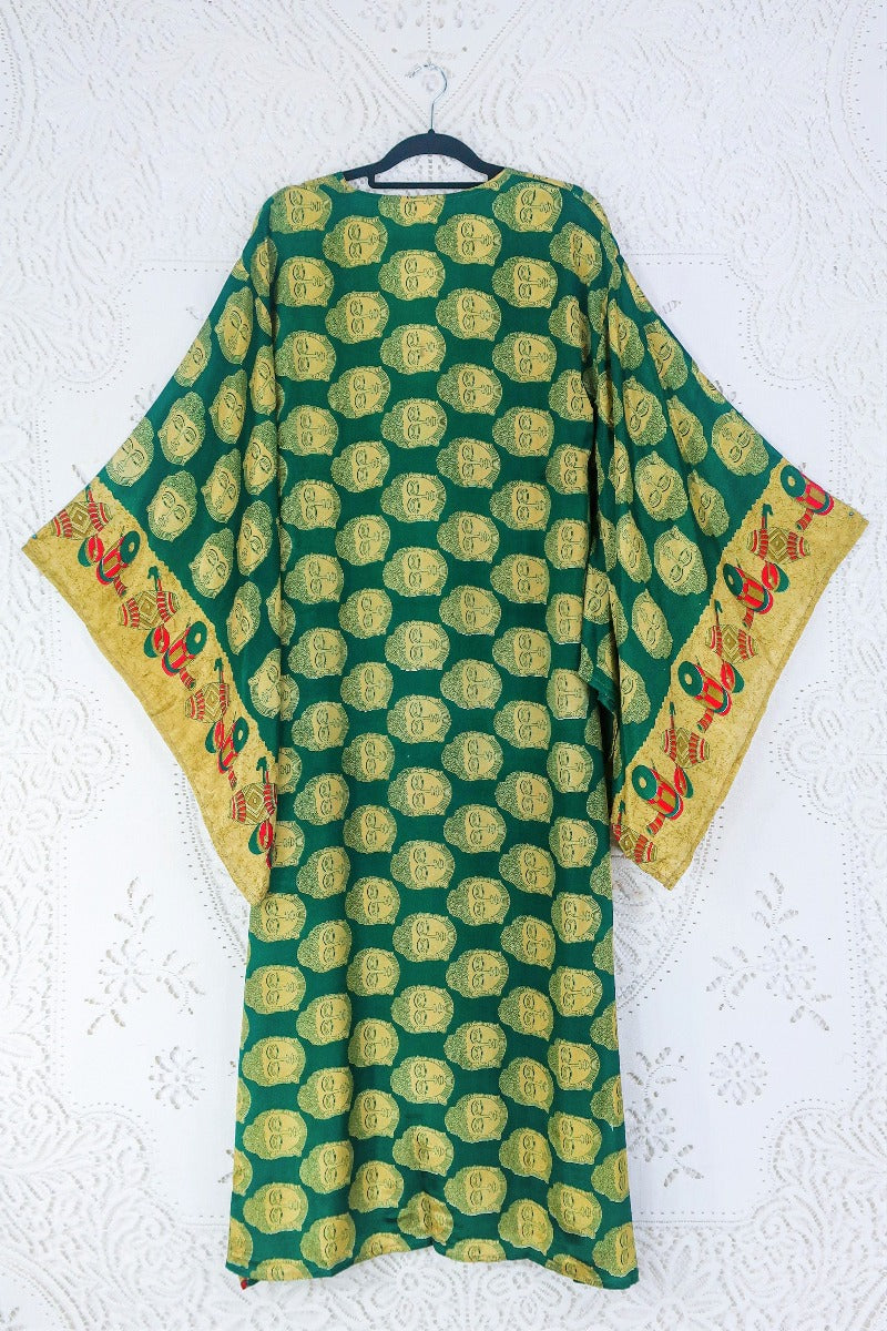 Cassandra Maxi Kaftan - Forest Green & Gold Buddha Motif - Vintage Sari - Size S/M By All About Audrey