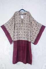 Cassandra Maxi Kaftan - Macramé beige & Mulberry Ornate Tile - Vintage Sari - Size M/L By All About Audrey