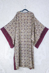 Cassandra Maxi Kaftan - Macramé beige & Mulberry Ornate Tile - Vintage Sari - Size M/L By All About Audrey