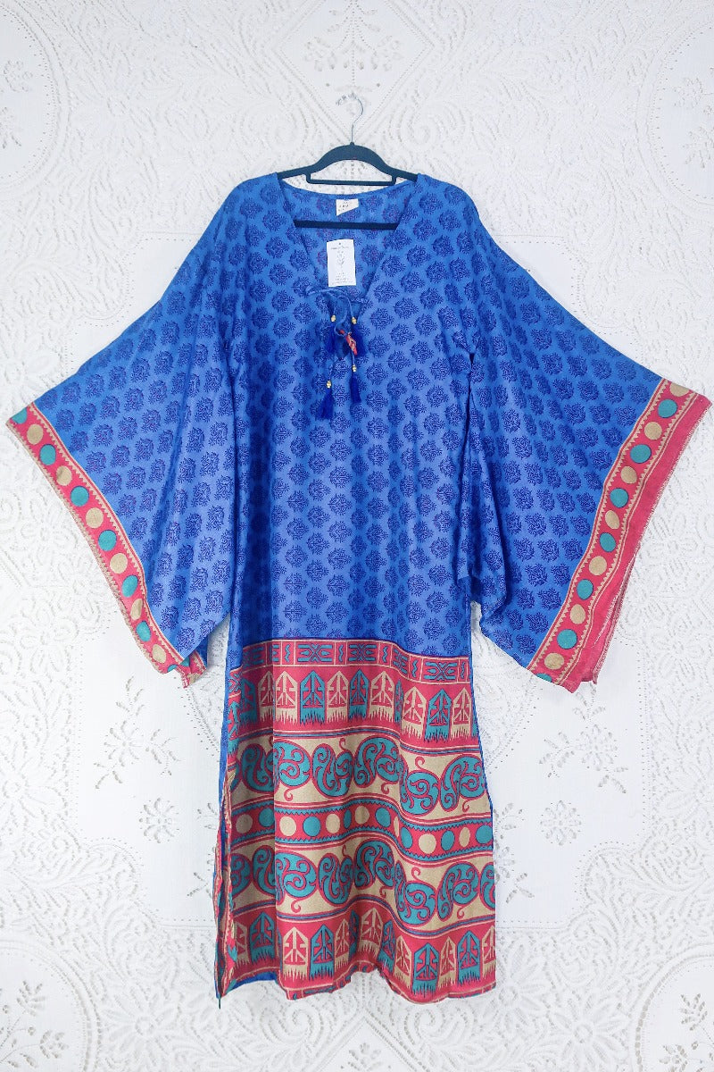Cassandra Maxi Kaftan - Majorelle Blue & Magenta - Vintage Sari - Size M/L By All About Audrey