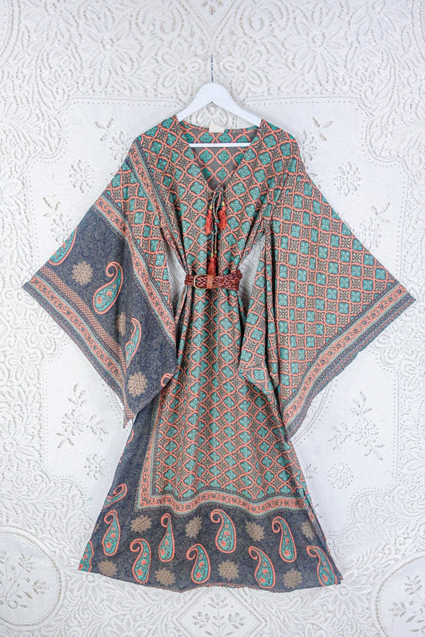 Cassandra Maxi Kaftan - Terracotta, Taupe & Turquoise Tile Print - Vintage Sari - Size S/M By All About Audrey
