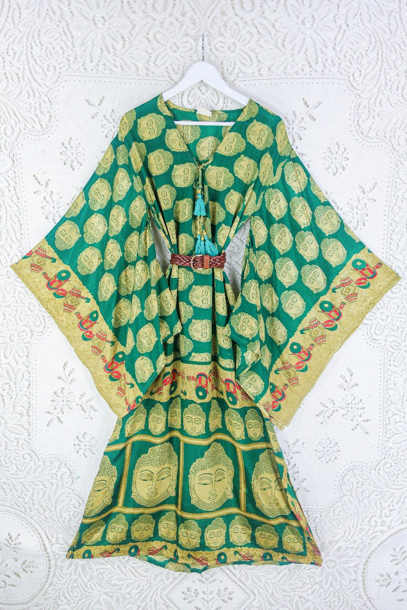 Cassandra Maxi Kaftan - Forest Green & Gold Buddha Motif - Vintage Sari - Size S/M By All About Audrey