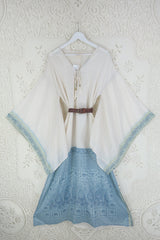 Cassandra Maxi Kaftan -Snowflake Angel in Powder Blue and Crème - Vintage Sari - Size L/XL- By All About Audrey.