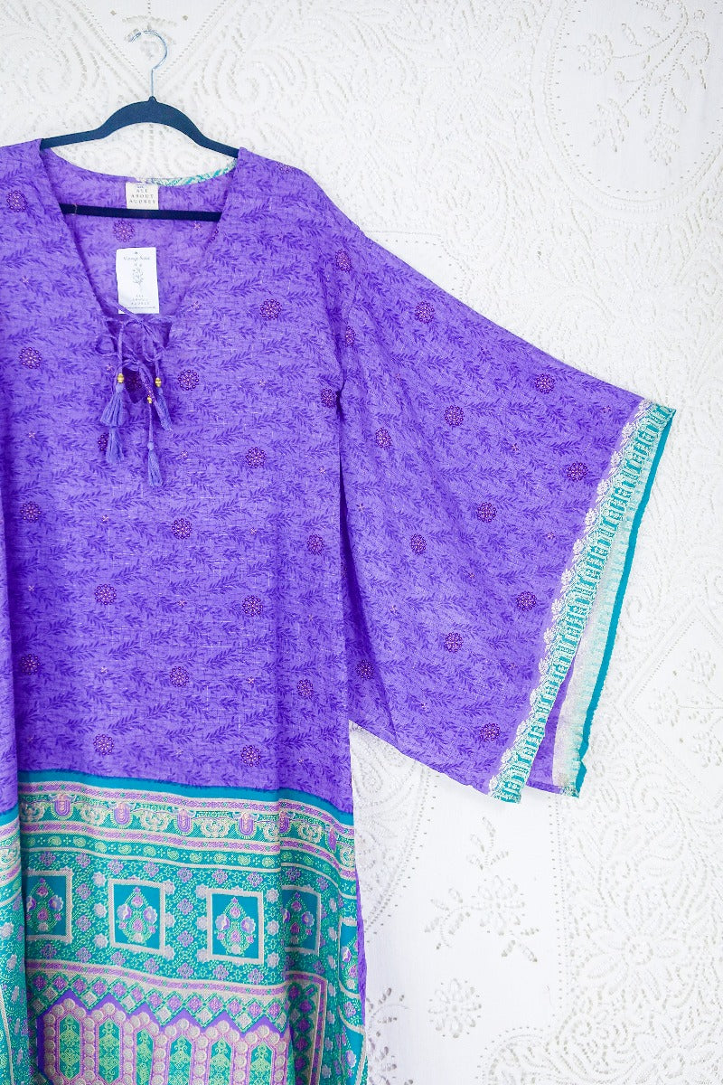 Close up of Cassandra Maxi Kaftan - Violet & Jade Green Ornamental by All About Audrey