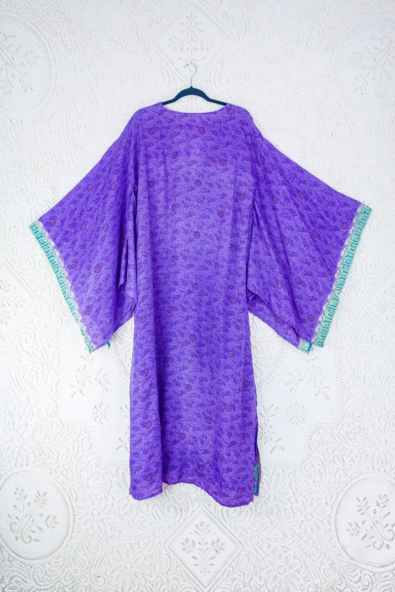 Back view of Cassandra Maxi Kaftan - Violet & Jade Green Ornamental by All About Audrey