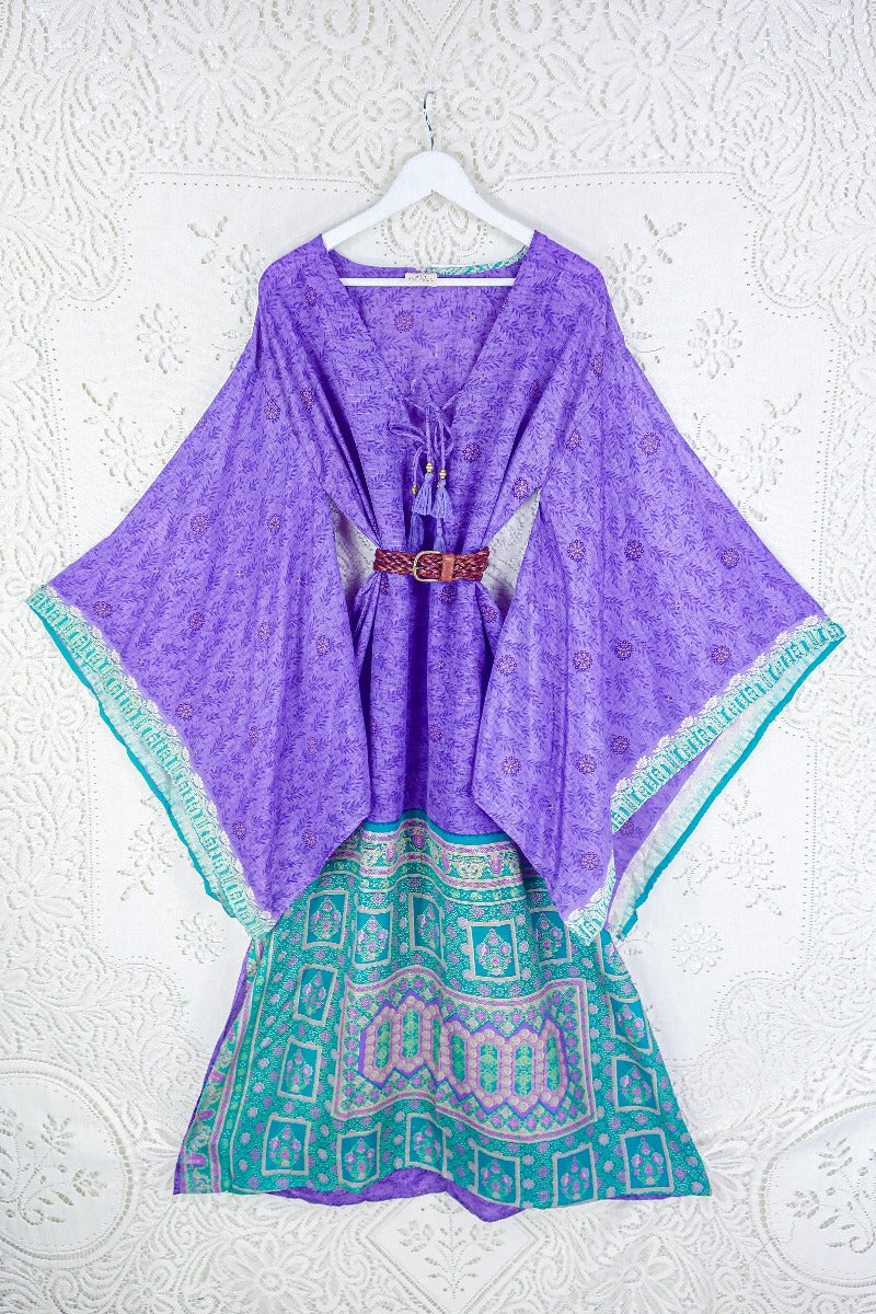Front view of Cassandra Maxi Kaftan - Violet & Jade Green Ornamental by All About Audrey