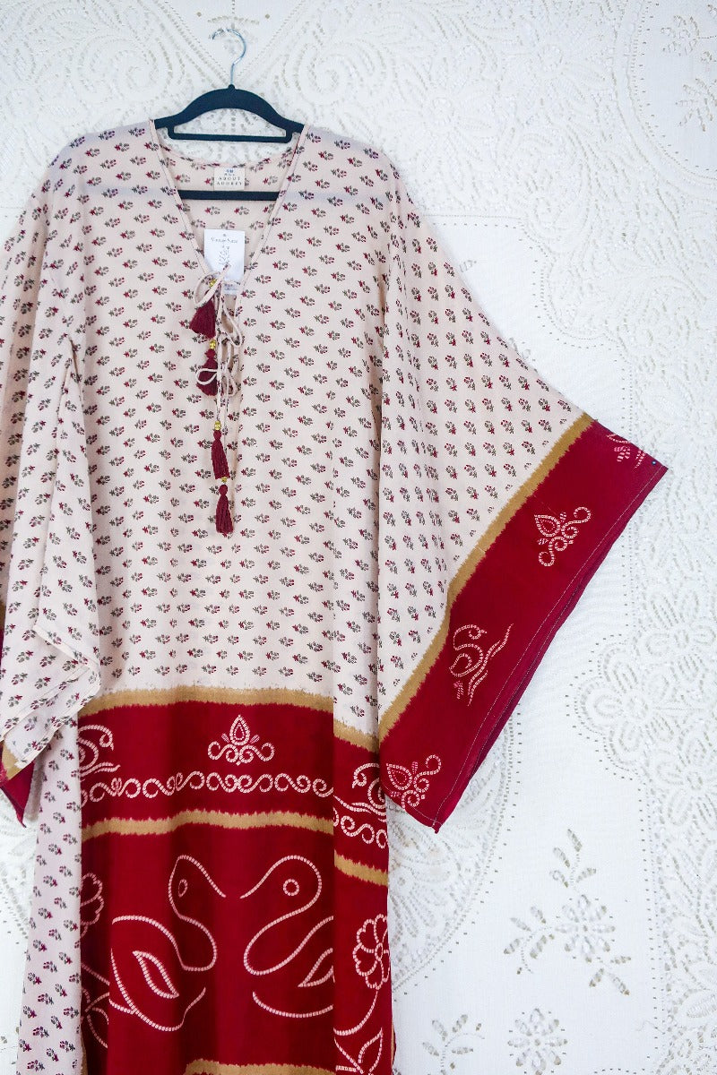 Cassandra Maxi Kaftan - Mink & Garnet Red Floral - Vintage Sari - Size S/M by all about audrey
