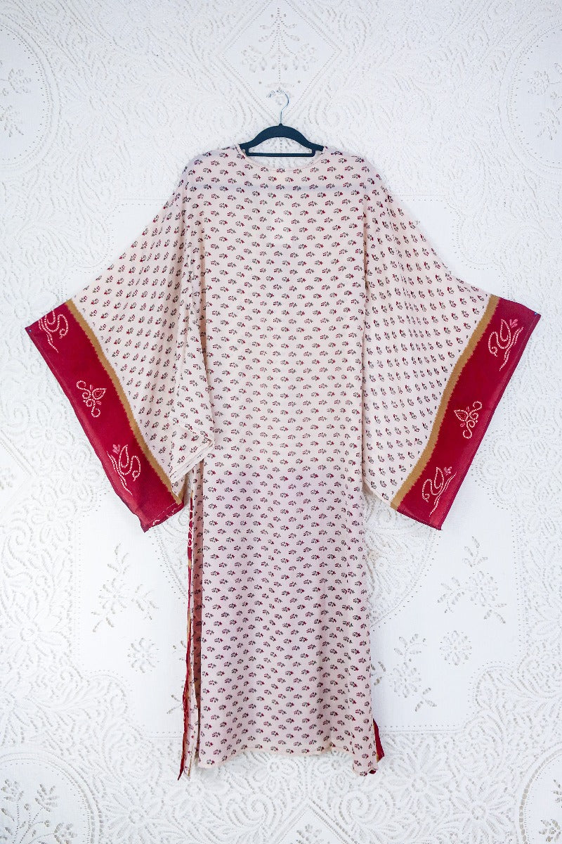 Cassandra Maxi Kaftan - Mink & Garnet Red Floral - Vintage Sari - Size S/M by all about audrey