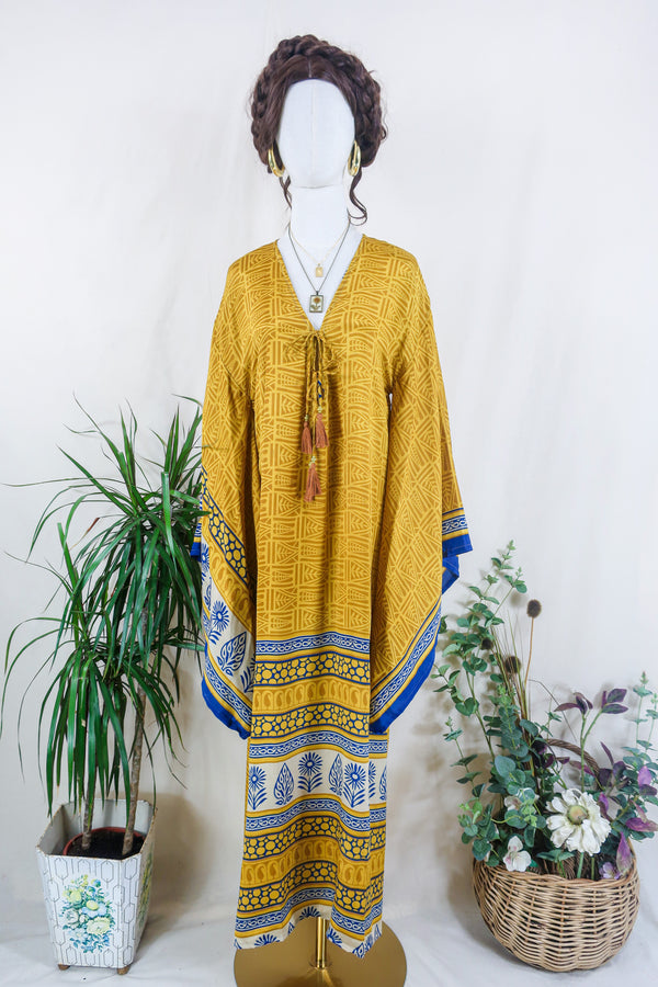 Cassandra Maxi Kaftan - Sun & Sapphire Mosaic - Vintage Sari - Size S/M