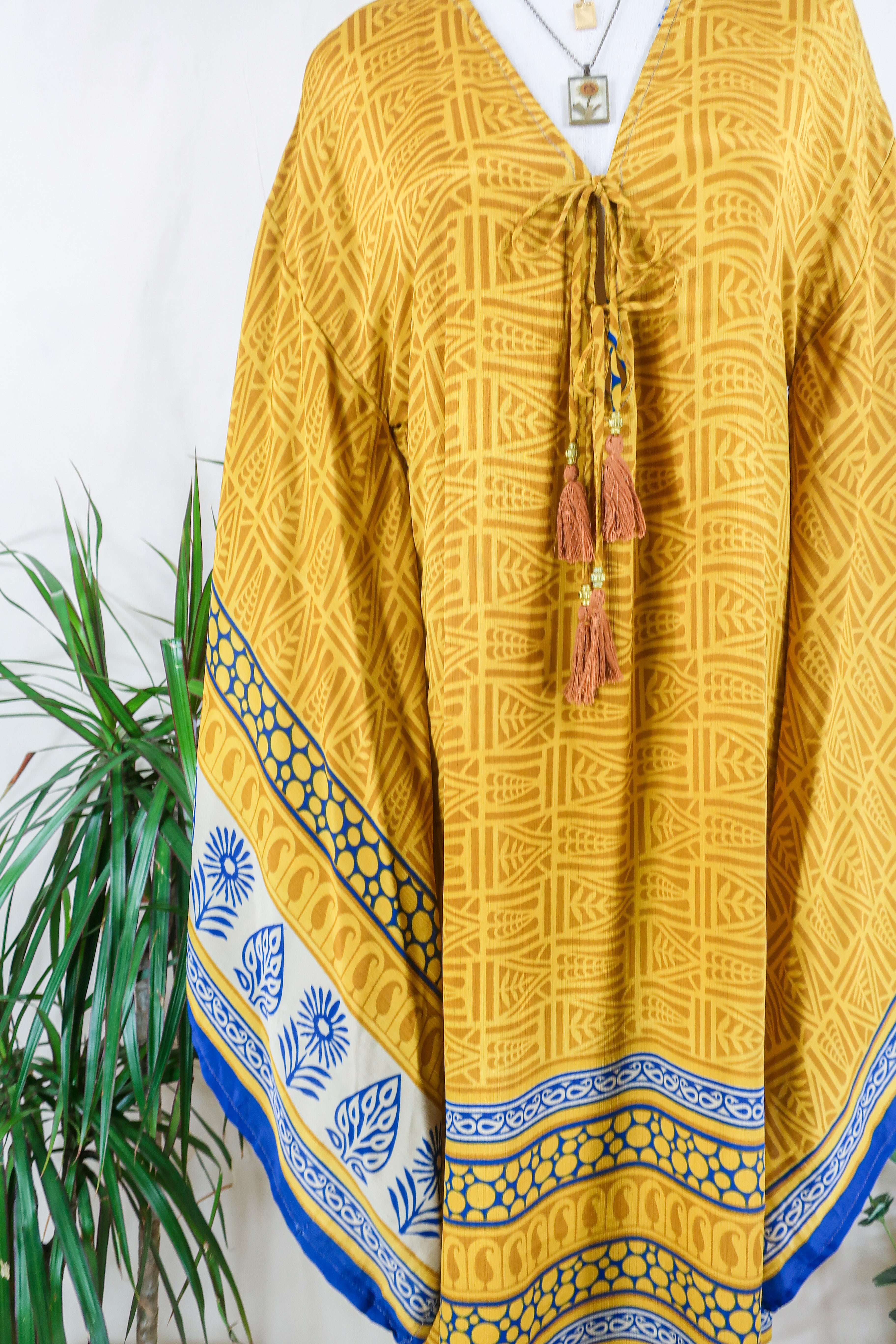 Cassandra Maxi Kaftan - Sun & Sapphire Mosaic - Vintage Sari - Size S/M