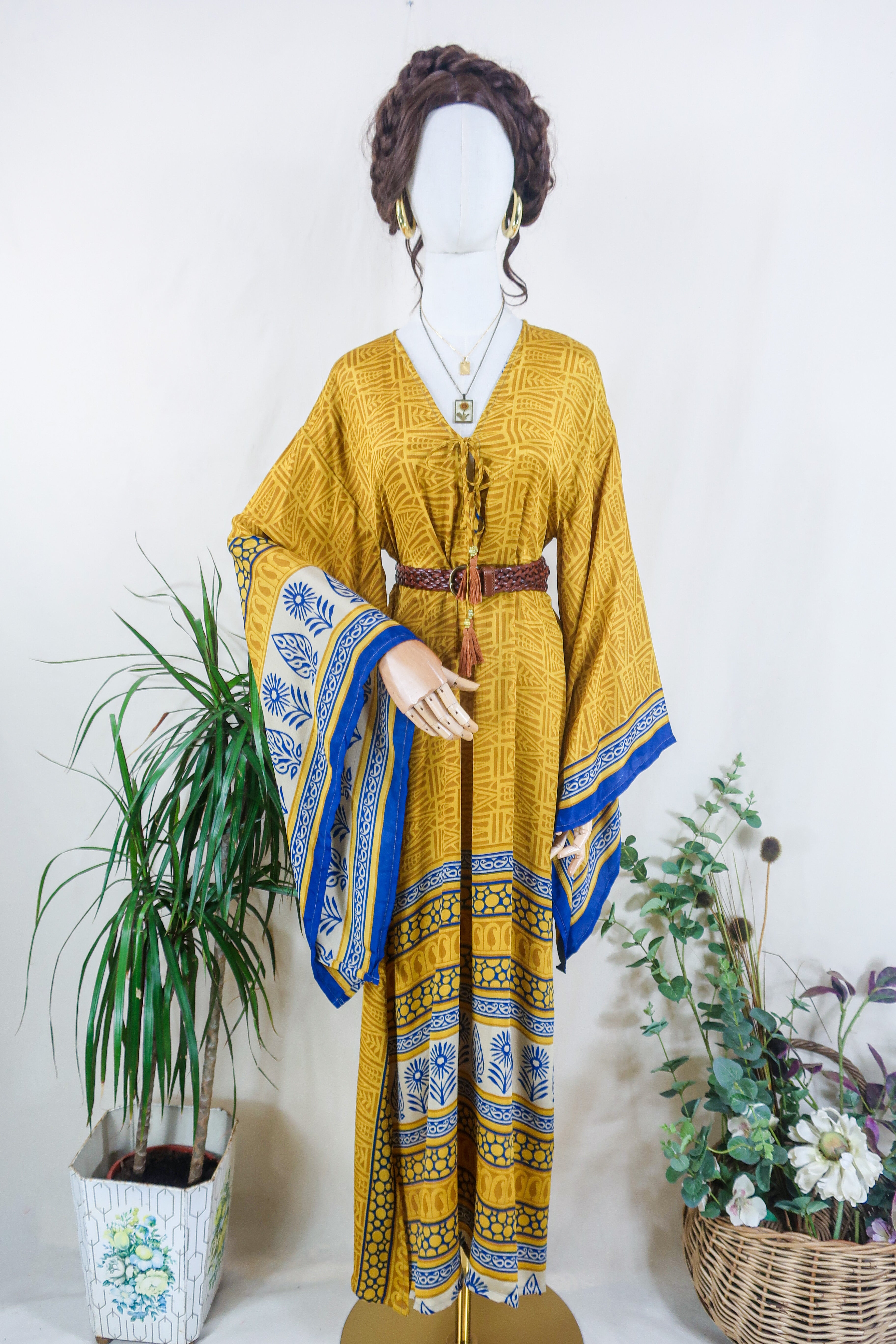 Cassandra Maxi Kaftan - Sun & Sapphire Mosaic - Vintage Sari - Size S/M