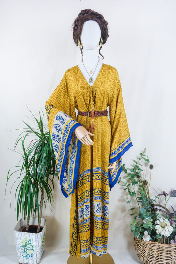 Cassandra Maxi Kaftan - Sun & Sapphire Mosaic - Vintage Sari - Size S/M