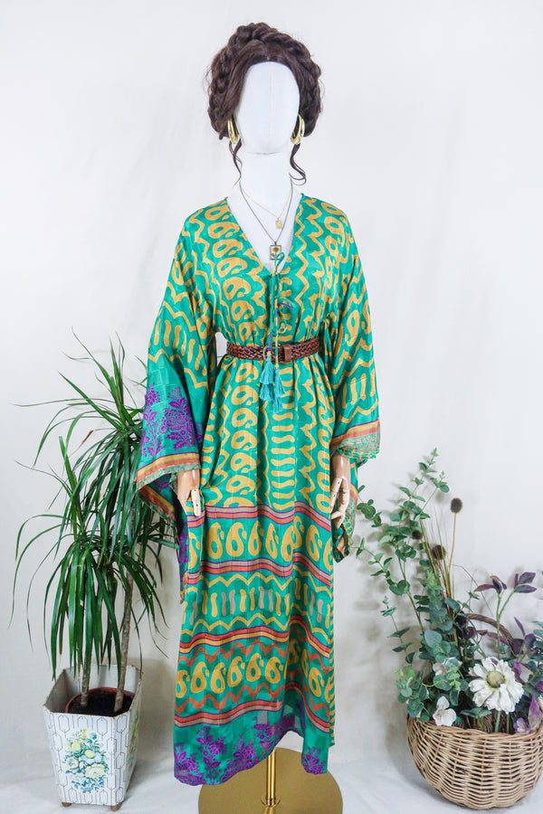 Cassandra Maxi Kaftan - Emerald & Amber Paisley - Vintage Sari - Size S/M
