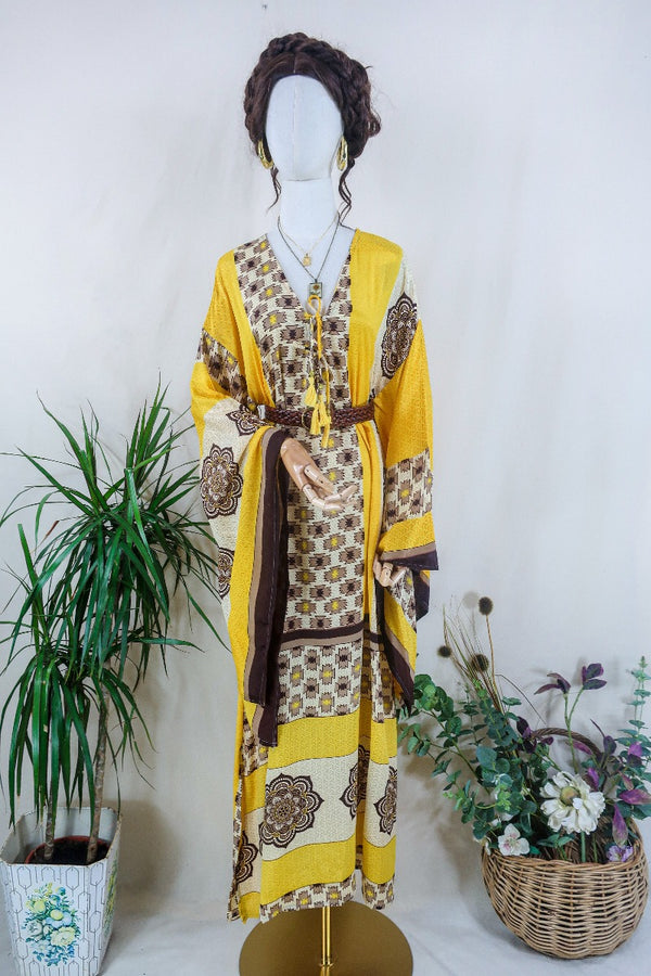 Cassandra Maxi Kaftan - Limoncello and Chocolate Ikat   - Vintage Sari - Size L/XL