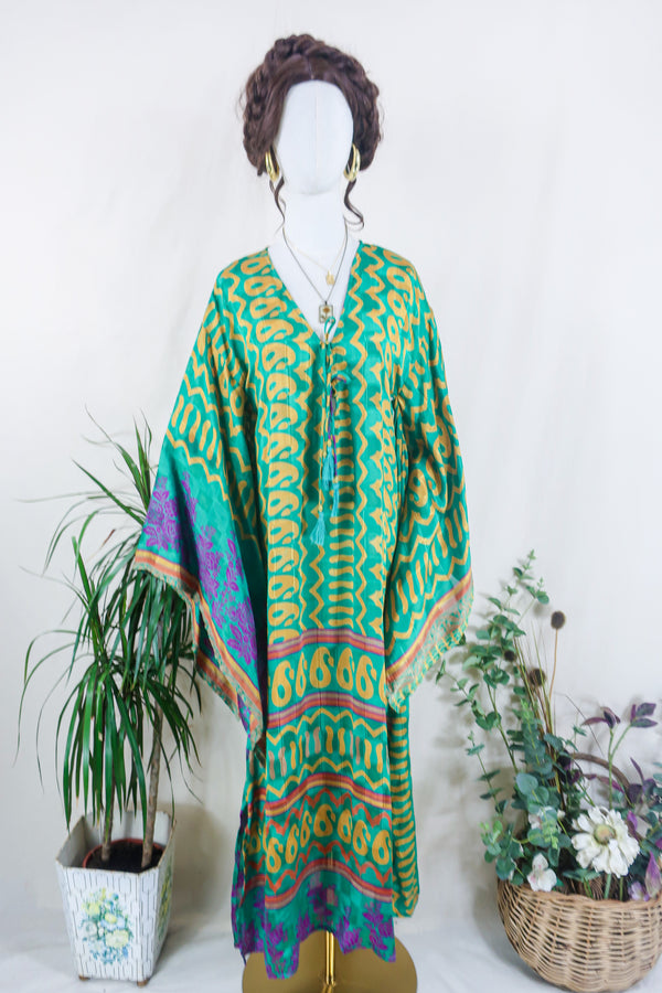 Cassandra Maxi Kaftan - Emerald & Amber Paisley - Vintage Sari - Size S/M