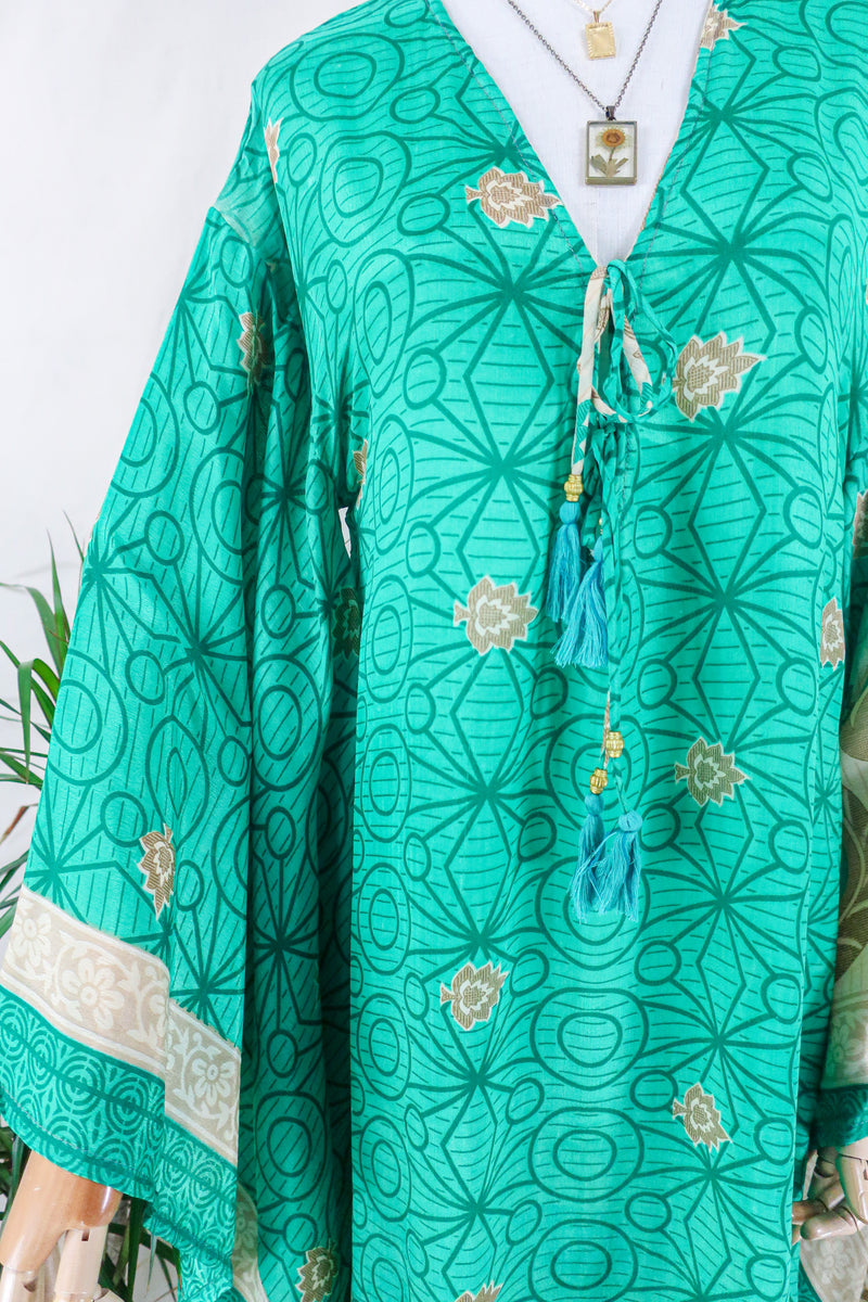 SALE Cassandra Maxi Kaftan - Geometric Jade Paisley - Vintage Sari - Size S/M